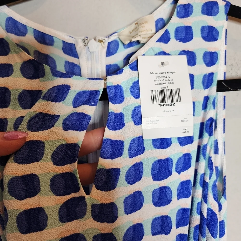 NWT Kate Spade Sleeveless Blue Island Stamp Romper belted pockets size L viscose